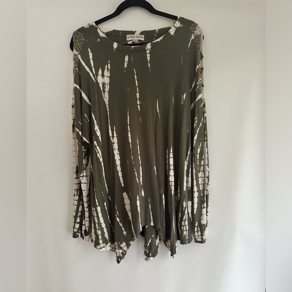 Woman Long Sleeve T Shirt Green White tie-dye XL